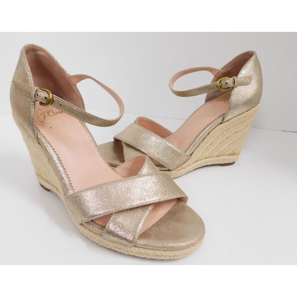 J. CREW Gold Metallic Leather Espadrille Jute Wedge‎ Sandals 9